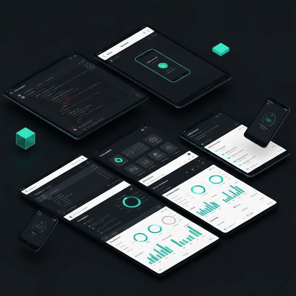 Software development dashboard showing code editor, mobile app preview, and analytics